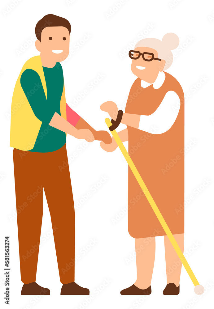 Volunteer helping old woman with walking stick. Social support for seniors Volunteer helping old woman with walking stick. Social support for seniors