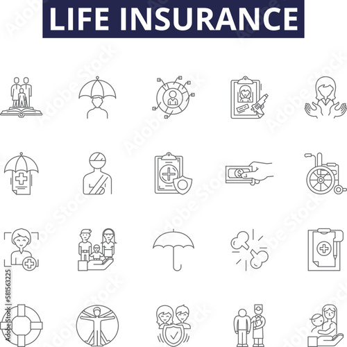Life insurance line vector icons and signs. Insurance, Coverage, Policy, Protection, Annuity, Plan, Premium, Beneficiary outline vector illustration set