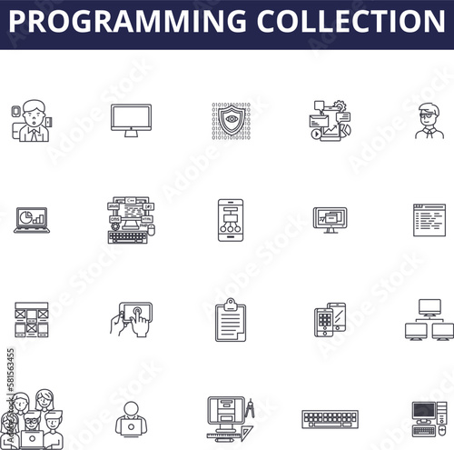 Programming collection line vector icons and signs. Collection, Code, Language, Algorithm, Syntax, Logic, Framework, Compile outline vector illustration set