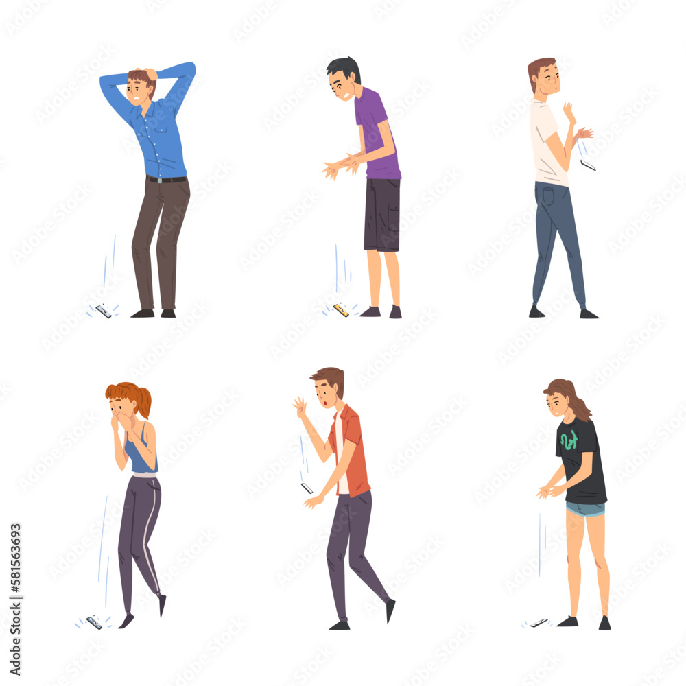 Fototapeta premium Young Man and Woman Dropping Their Smartphone by Accident Vector Set