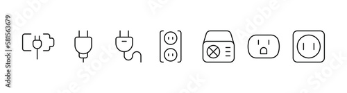Power socket. Electricity, wires, cables, current and electric voltage. Safety. Pixel Perfect Vector Thin Line Icons. Simple Minimal Pictogram