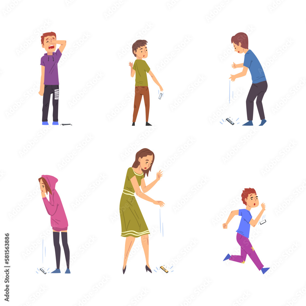 Young Woman and Kids Dropping Their Smartphone by Accident Vector Set Young Woman and Kids Dropping Their Smartphone by Accident Vector Set