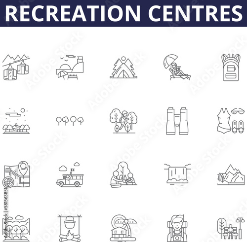 Recreation centres line vector icons and signs. Centres, Parks, Playgrounds, Amusement, Leisure, Gyms, Outdoors, Swimming outline vector illustration set