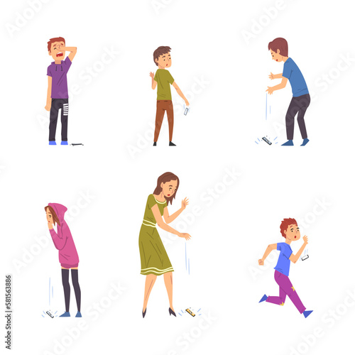 Young Woman and Kids Dropping Their Smartphone by Accident Vector Set © topvectors