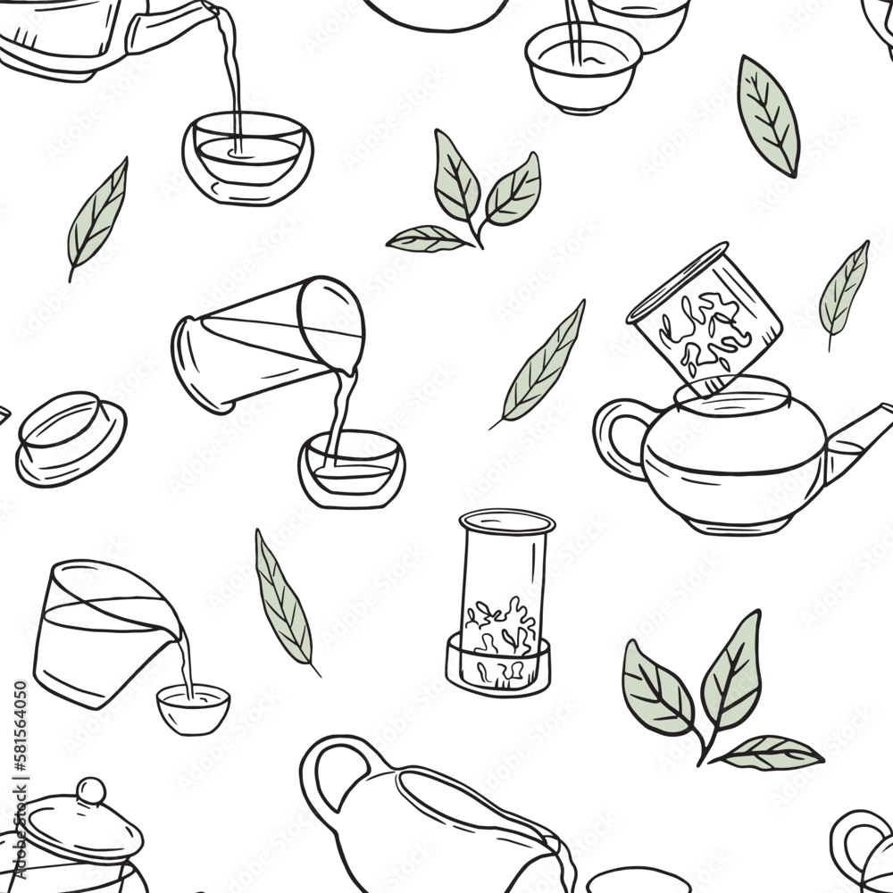Brewing Chinese tea seamless pattern. Doodle teapots, Hand drawn green tea ceremony vector pattern