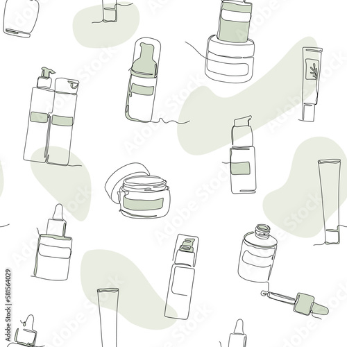 Skin care seamless pattern. Beauty products line vector illustration, color spots background