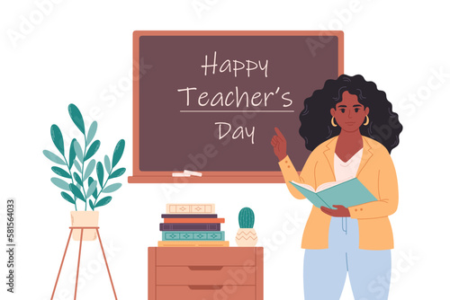 African american female teacher at classroom near blackboard. Education, lecture and lesson at school. Vector illustration in flat style