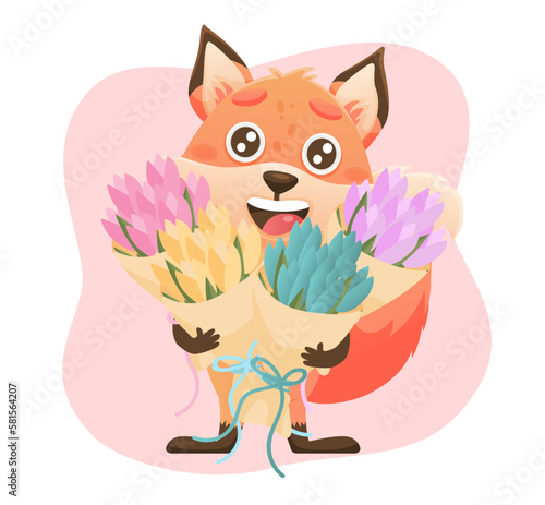 Spring banner set with cute fox, bouquet. Vector cute fox character. Animal wildlife holidays cartoon.