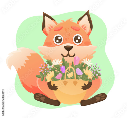 Spring banner set with cute fox, bag of flowers. Vector cute fox character. Animal wildlife holidays cartoon.