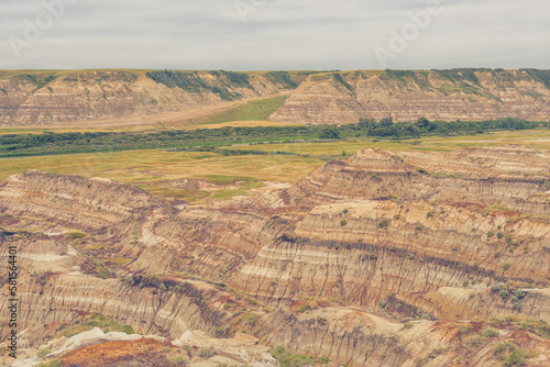 Landscape of the Badlands of Drumheller with an overcast sky