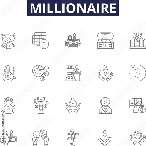 Millionaire line vector icons and signs. Rich, Monied, Prosperous, Affluent, Moneyed, Millionaire, Opulent, Lavish outline vector illustration set