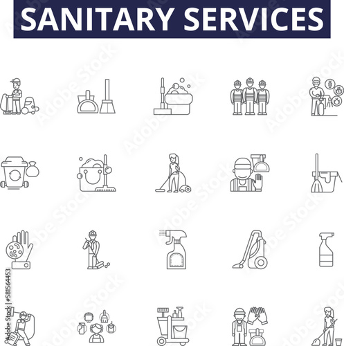 Sanitary services line vector icons and signs. Sanitation, Cleanliness, Sewerage, Waste, Disposal, Lavatories, Drains, Toilets outline vector illustration set