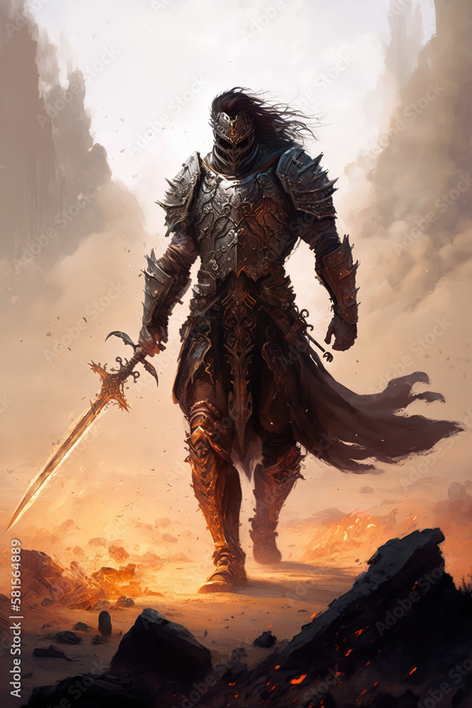 a man that is standing in the dirt with a sword, epic fantasy warrior, concept art illustration 