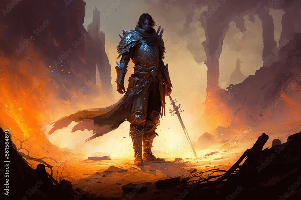 a man that is standing in the dirt with a sword, epic fantasy warrior, concept art illustration a man that is standing in the dirt with a sword, epic fantasy warrior, concept art illustration