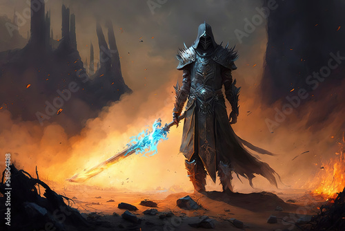 a man that is standing in the dirt with a sword, epic fantasy warrior, concept art illustration 