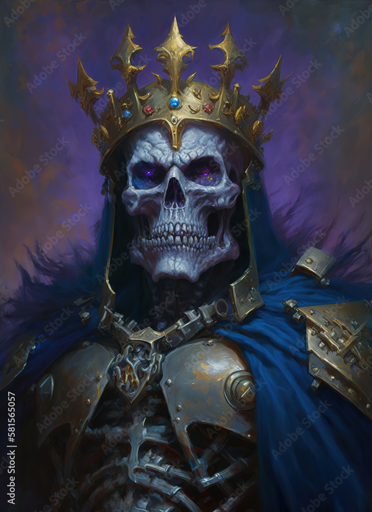 a skeleton in armor with a crown on his head, portrait painting of skeletor, lich king, dark fantasy character, art illustration a skeleton in armor with a crown on his head, portrait painting of skeletor, lich king, dark fantasy character, art illustration