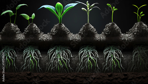 a row of young plants growing out of the ground, plant roots, art illustration 