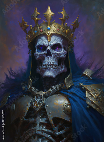 a skeleton in armor with a crown on his head  portrait painting of skeletor  lich king  dark fantasy character  art illustration 