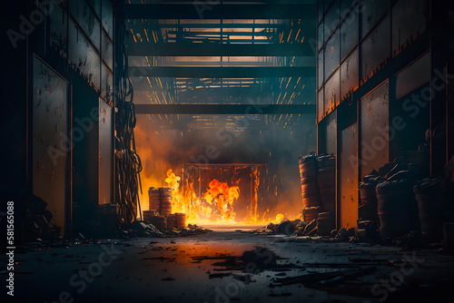 Fire in the warehouse of building materials  goods  chemicals  flammable materials. Explosion flash gas intense flames. Generative AI