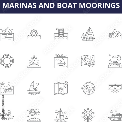 Marinas and boat moorings line vector icons and signs. Boat, Moorings, Harbours, Boats, Anchorage, Jetties, Berths, Pontoon outline vector illustration set
