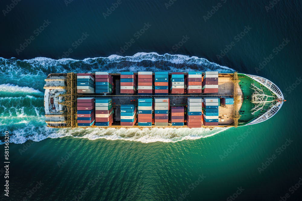 an aerial view of a container ship in the ocean, art illustration 