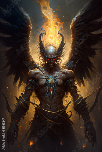 Angel with fire coming out of it, the angel of death with a halo, the angel of death, art illustration 