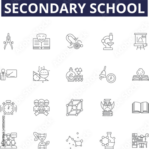 Secondary school line vector icons and signs. Junior High, Academy, Sixth Form, Grammar School, Middle School, Preparatory School, Magnet School, Charter School outline vector illustration set