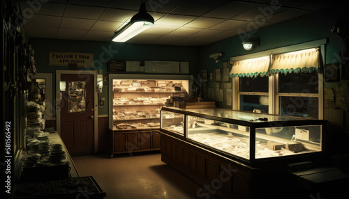 Interior of a closed pawn shop at night