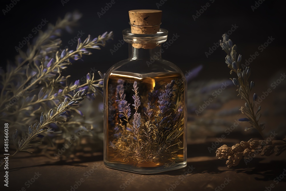 Glass Bottle of Lavender Essential Oil with Bunches of Dry Lavender. Generative AI Glass Bottle of Lavender Essential Oil with Bunches of Dry Lavender. Generative AI