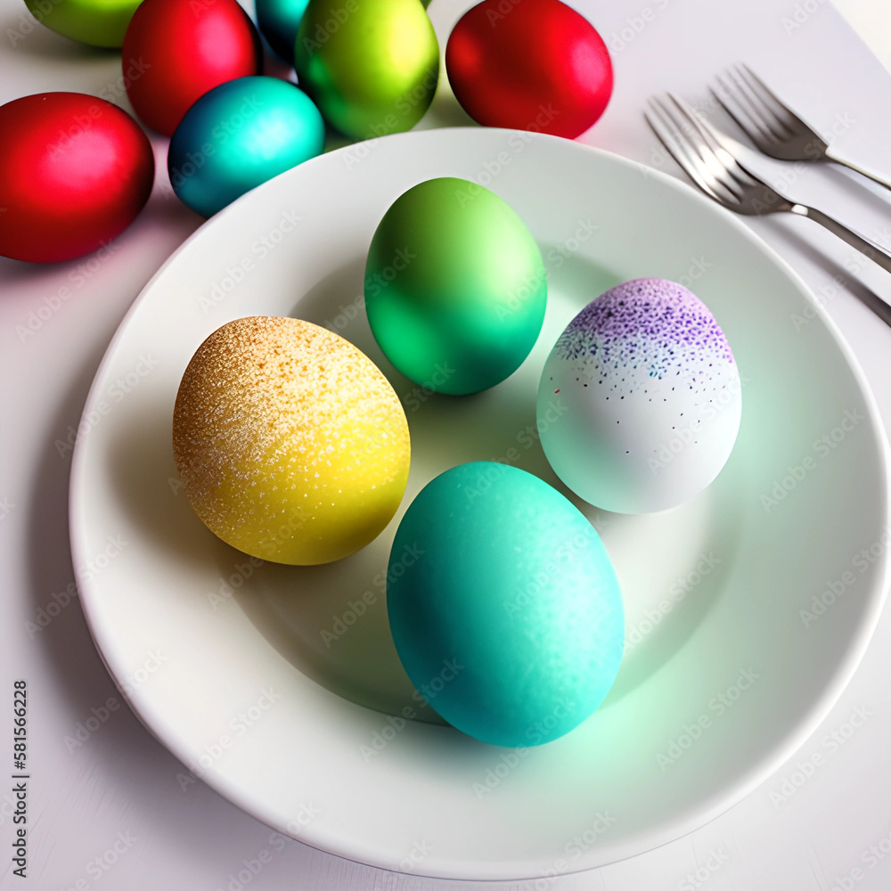 Colorful Easter eggs in a white plate on the table.Generated by AI Colorful Easter eggs in a white plate on the table.Generated by AI