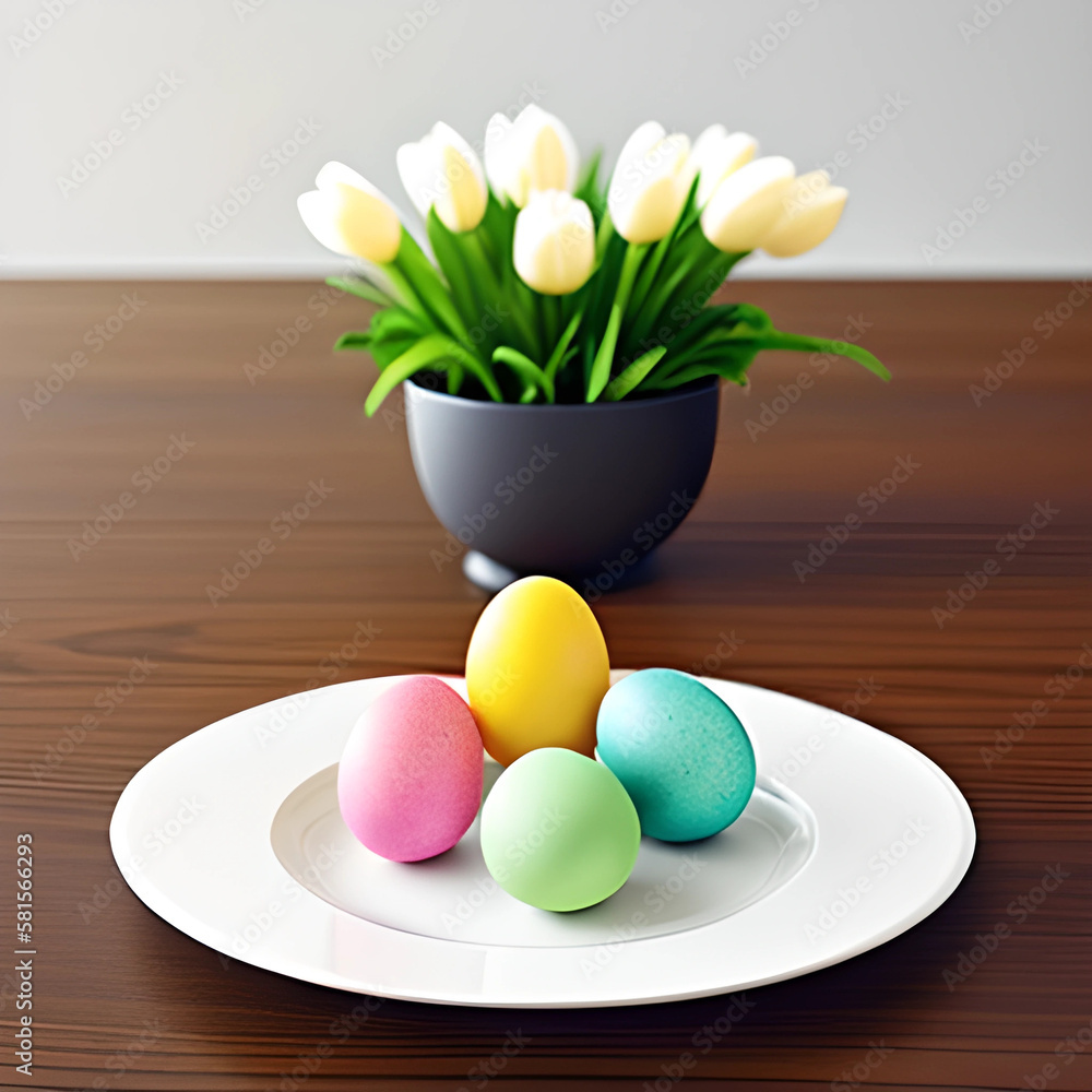 Colorful Easter eggs in a white plate on the table.Generated by AI Colorful Easter eggs in a white plate on the table.Generated by AI