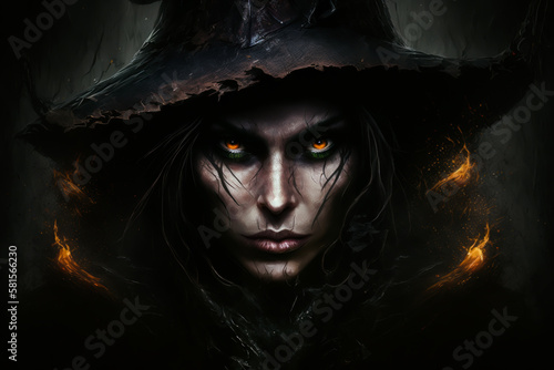 Young female magician on black background, Generative AI. Young witch portrait with glowing yellow eyes. Female sorcerer face close up. Halloween background. Flame magic background. photo
