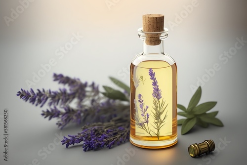 Glass Bottle of Lavender Essential Oil with Bunches of Dry Lavender. Generative AI