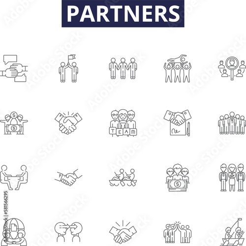 Partners line vector icons and signs. Consorts, Associates, Colleagues, Companions, Co-workers, Fellow, Friends, Helpers outline vector illustration set