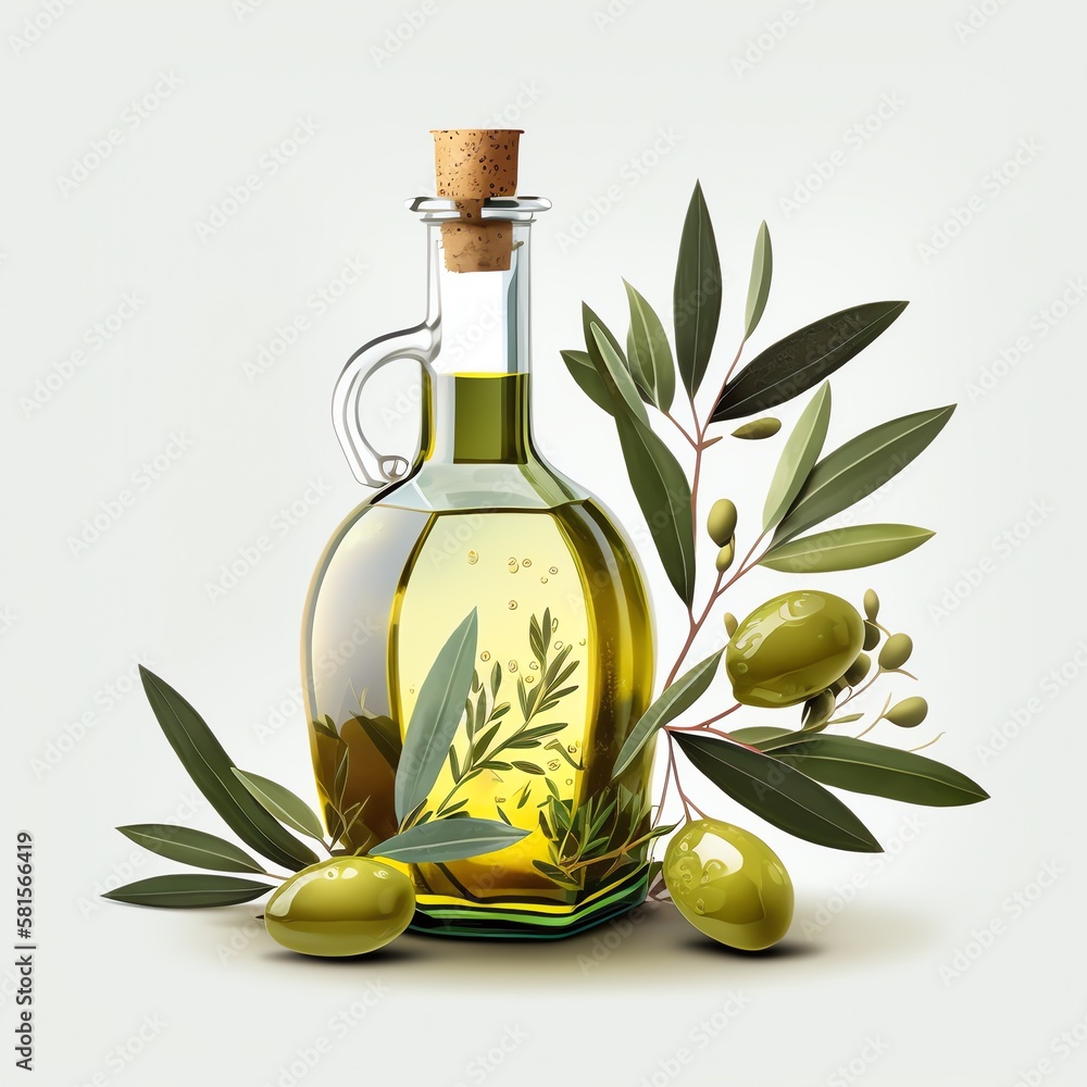 Glass Bottle of Olive Oil with Bunches of olive leaves and fresh olives. Generative AI