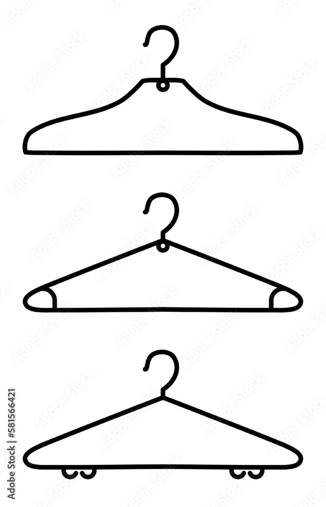 Set of clothes hangers. Line art, outline. Hangers sign. Vector illustration isolated on white. Editable stroke color Set of clothes hangers. Line art, outline. Hangers sign. Vector illustration isolated on white. Editable stroke color
