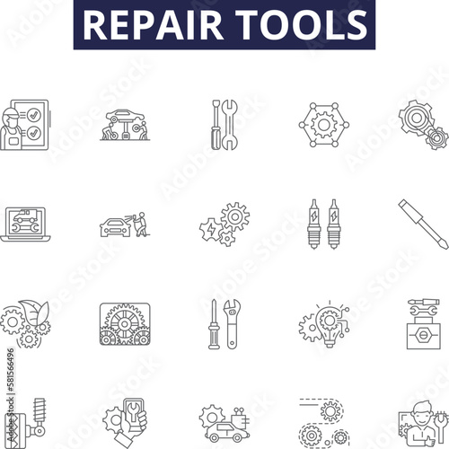 Repair tools line vector icons and signs. Repair, Wrenches, Pliers, Screwdrivers, Measure, Saw, Drill, Ratchet outline vector illustration set