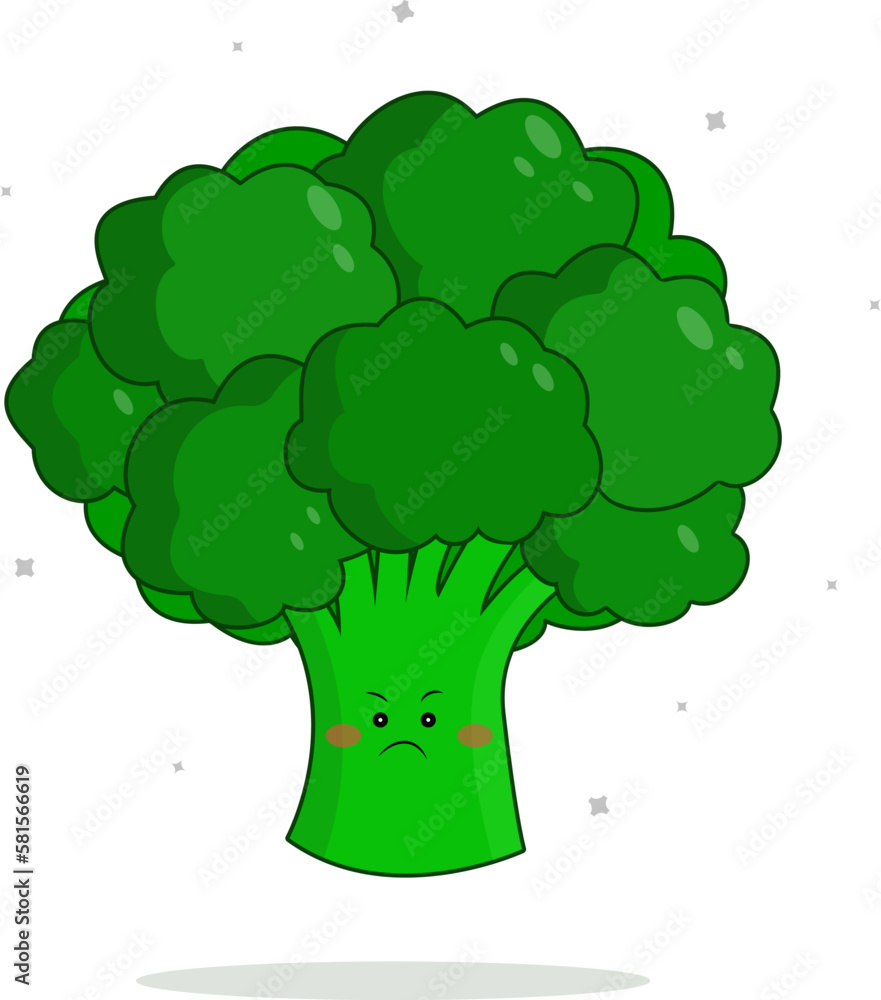 Broccoli with an angry expression on his face. Vector symbol on a white background. Sad broccoli Broccoli with an angry expression on his face. Vector symbol on a white background. Sad broccoli