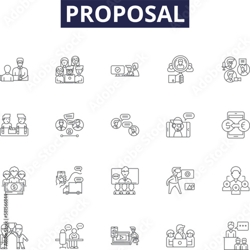 Proposal line vector icons and signs. Offer, Pitch, Plan, Suggestion, Agreement, Argument, Proposal, Proffer outline vector illustration set