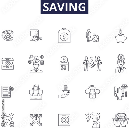 Saving line vector icons and signs. hoarding, preserving, stowing, hoarding, stocking, guarding, keeping, accumulating outline vector illustration set