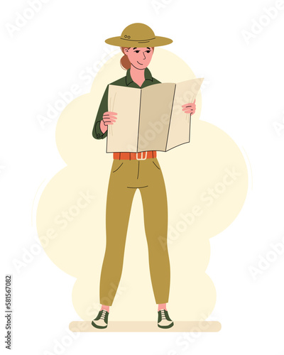 Woman explorer or safari traveler standing in a wide-brimmed hat. A girl studying a map. Vector isolated flat illustration.