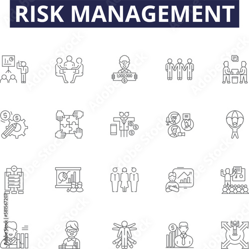 Risk management line vector icons and signs. Monitoring, Evaluation, Evaluation, Analysis, Forecasting, Planning, Allocation, Communication outline vector illustration set