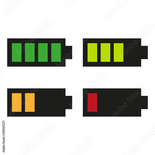 Battery indicators. Multi-colored indicators of battery charging. Vector illustration.