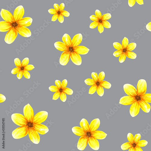 Seamless pattern with flowers. Watercolor abstract bright summer yellow flowers. Isolated objects on grey background © Irina