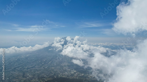 Aerial view of Mount Sumbing in Indonesia with noise cloud. High quality photo. Selective focus. 