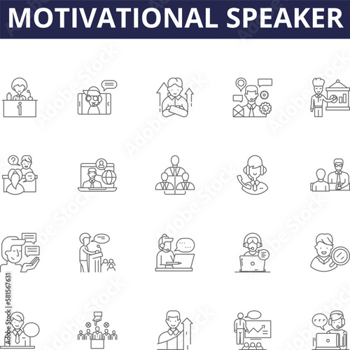 Motivational speaker line vector icons and signs. Encourager, Inspirer, Catalyst, Advocate, Evangelist, Pundit, Guru, Storyteller outline vector illustration set