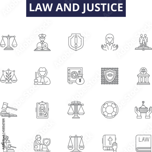Law and justice line vector icons and signs. Justice, Trials, Courts, Jurisdiction, Sentencing, Advocacy, Legislation, Contracts outline vector illustration set