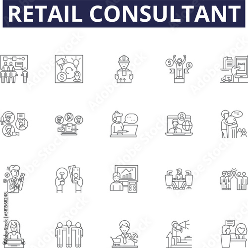 Retail consultant line vector icons and signs. Consultant, Advisors, Analysts, Strategists, Strategizing, Solutions, Auditing, Growth outline vector illustration set