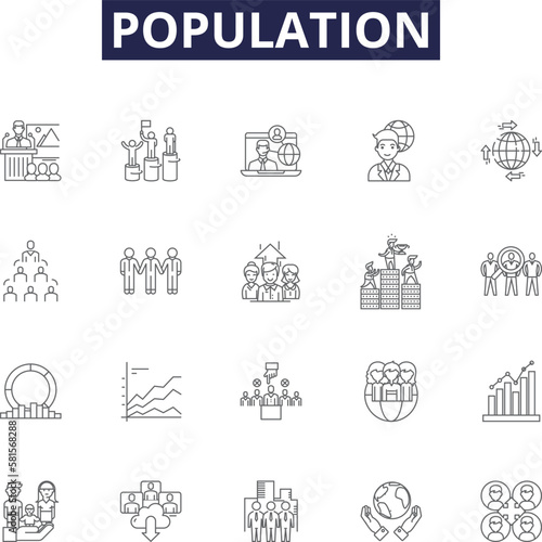 Population line vector icons and signs. Demography, Density, Census, Population, Human, Size, Society, Dwellers outline vector illustration set