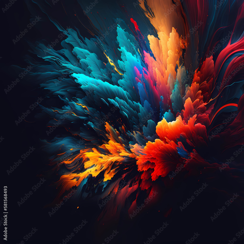 Abstract vibrant colors vibrant colors liquid acrylic paint flow on black background with paint swirls and explosion